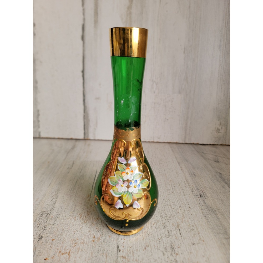 Bohemian Czech flower bud green vase glass Floral centerpiece Unique Home
